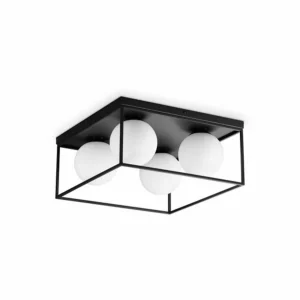 Fashion Ideallux Ideal Lux plafonnier Lingotto à 4 lampes, noir, verre opalin