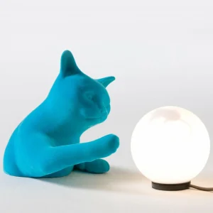 Best Karman Lampe à poser Maoo, céramique bleu clair, verre figure de chat