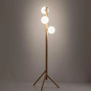 Hot TK Lighting Lampe sur pied Estera, verre opalin, structure en bois, à 3 lampes