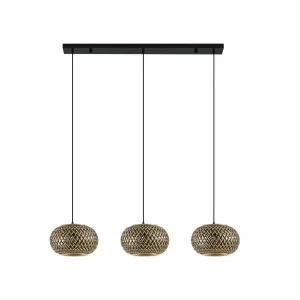 Outlet Lindby suspension Nerys, 3 lampes, noir, bambou, 1.120 cm