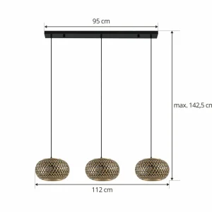 Outlet Lindby suspension Nerys, 3 lampes, noir, bambou, 1.120 cm