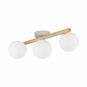 Outlet TK Lighting Plafonnier Estera, verre opalin, bois, à 3 lampes