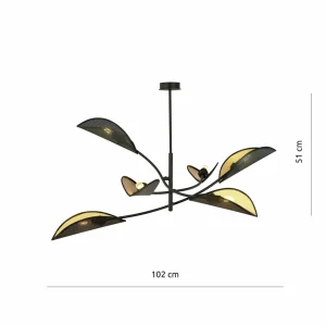 Clearance Euluna Plafonnier Lotus, noir/doré, à 6 lampes