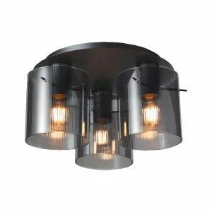 Clearance Brilliant Plafonnier Riffelini, Ø 37 cm, gris fumé, 3 lampes, verre