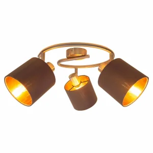 Best Sale Näve Plafonnier rond Maron à 3 lampes tissu, brun/doré