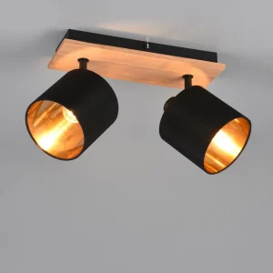 Store Reality Leuchten Spot pour plafond Tommy, bois/noir/or, longueur 30 cm, à 2 lampes.