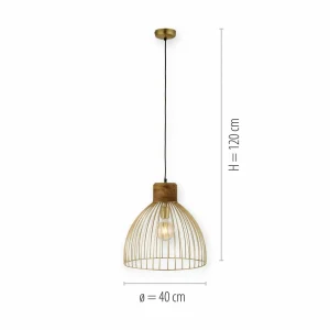 Discount JUST LIGHT. Suspension Alami bois de manguier laiton mat à 3 lampes.