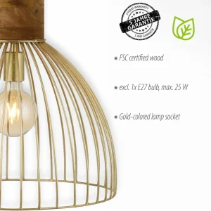 Discount JUST LIGHT. Suspension Alami bois de manguier laiton mat à 3 lampes.
