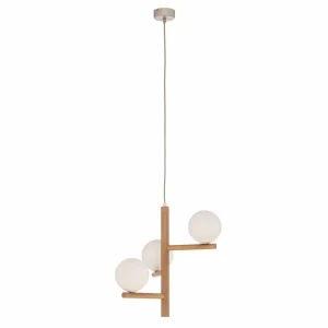 Cheap TK Lighting Suspension Estera, verre opalin, bois, à 3 lampes