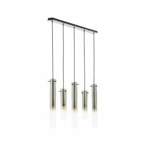 Best Brilliant Suspension Glasini, longueur 95 cm, gris fumé, 5 lampes, verre