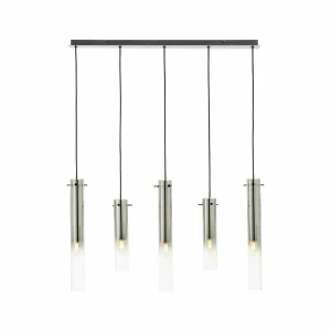 Best Brilliant Suspension Glasini, longueur 95 cm, gris fumé, 5 lampes, verre