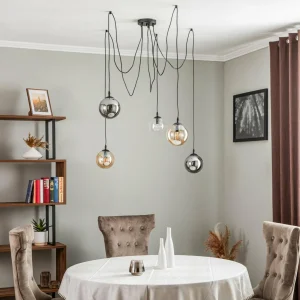New EMIBIG LIGHTING Suspension Glassy, 5 lampes, noir, graphite/ambre/clair, E14