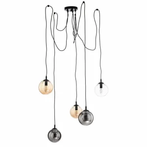 New EMIBIG LIGHTING Suspension Glassy, 5 lampes, noir, graphite/ambre/clair, E14