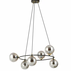 Outlet Euluna Suspension Glassy 6 lampes, ronde, verre graphite