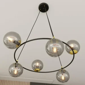 Outlet Euluna Suspension Glassy 6 lampes, ronde, verre graphite