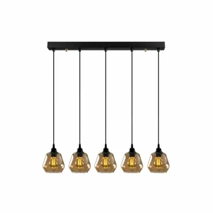 Hot Opviq Suspension Gold 033, verre transparent doré, 5 lampes linéaires