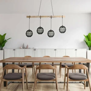 Shop Globo Suspension Hermi II poutre bois, à 4 lampes, noir