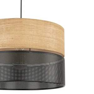 Discount TK Lighting Suspension Nicol, noir/imitation bois, Ø 38 cm, à 1 lampe. 1 x E27