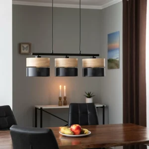 Online TK Lighting Suspension Nicol, noir/imitation bois, 70x20 cm 3 lampes à 3 x E27