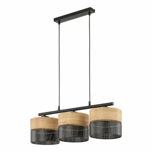 Online TK Lighting Suspension Nicol, noir/imitation bois, 70x20 cm 3 lampes à 3 x E27