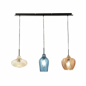Flash Sale Fabas Luce Suspension Olbia, linéaire, à 3 lampes, ambre/bleu/beige, verre
