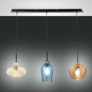 Flash Sale Fabas Luce Suspension Olbia, linéaire, à 3 lampes, ambre/bleu/beige, verre