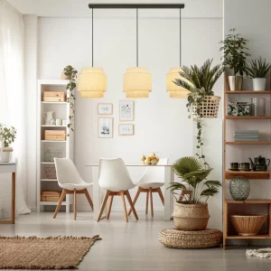 Store Briloner Suspension Papper, 3 lampes, naturel, raphia, E27