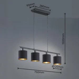 Cheap Reality Leuchten Suspension Tommy, noir/or, longueur 75 cm, 4 lampes, tissu