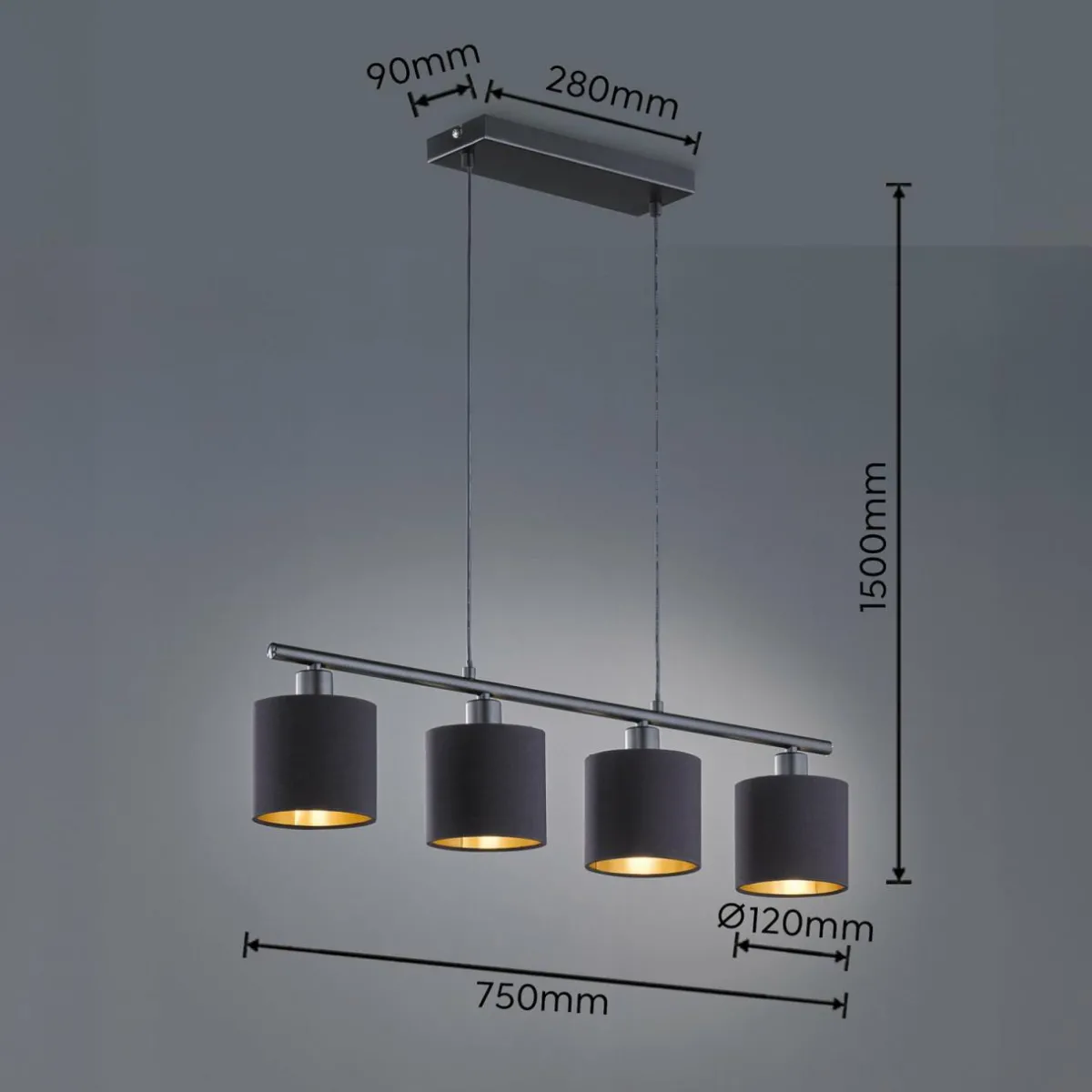 suspension_tommy_noiror_longueur__cm__lampes_tissu_2.webp Cheap Reality Leuchten Suspension Tommy, noir/or, longueur 75 cm, 4 lampes, tissu