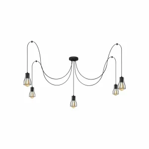 New HELAM Suspension Tube Long, noir, métal, 5 lampes, E27