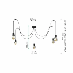 New HELAM Suspension Tube Long, noir, métal, 5 lampes, E27